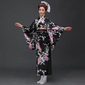 Satin Kimono Floral Japanese Style Dress Flower Peacock Belt Black Pink Blue NEW
